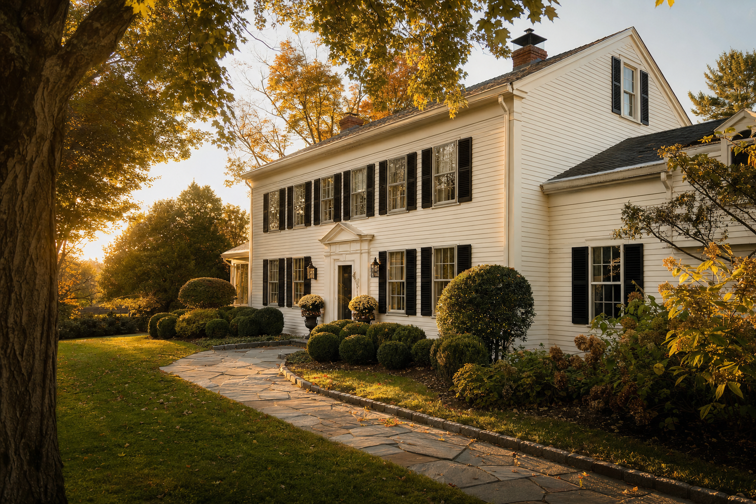 A colonial home at golden hour in Westchester County